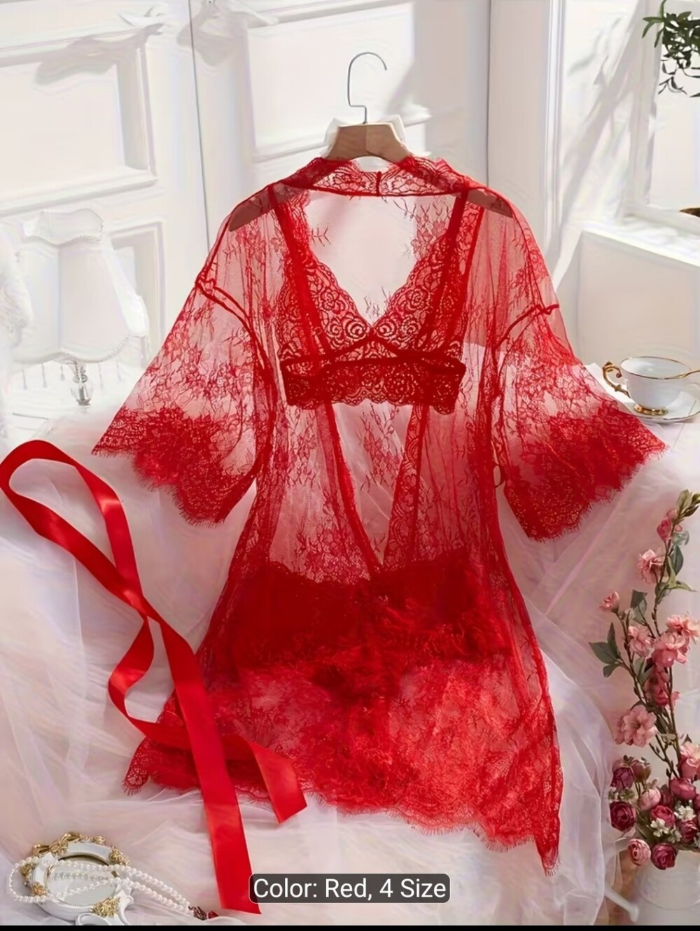 Sheer Lace Robe & Bralette Set - Red